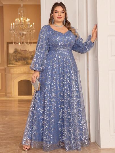 Plus Size Women Floral Print Sweetheart Neck Lantern Sleeve Evening Gown