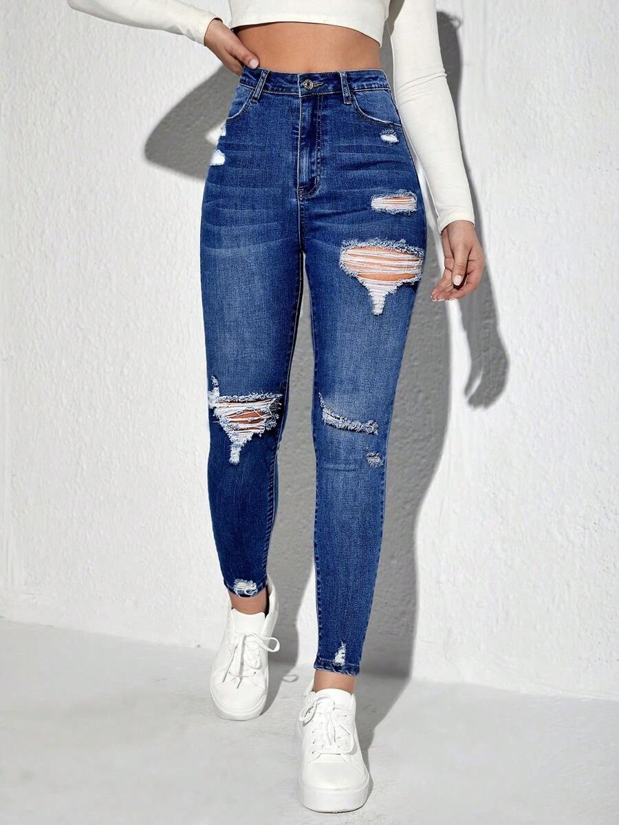 Jeanoix 女款修身破洞牛仔褲 - 深色水洗藍 - 查看 1