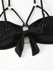 SHEIN Swim Summer Ladies' Hollow Out Halter Bikini Top - Black - View 7