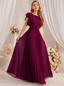 Plain Round Neck Ruffle Trim Pleated Bridesmaid Dress - Hot Pink - View 3