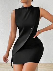 Chiquease Robe D'été Courte Pour Femmes, Sans Manches, Couleur Unie, Col Montant