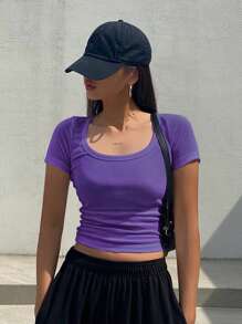 DAZY 纯色修身罗纹短袖圆领T恤夏季短款上衣女式学院风上衣