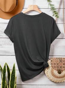 SHEIN LUNE Western Cow Print Crew Neck Short Sleeve Fitted Women T-Shirt, Contains Cotton, Suitable For Summer