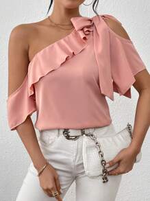 Chiquease Của phụ nữ Giường đơn Màu sắc Bất đối xứng Vòng cổ Viền Ruffle Áo sơ mi - Hồng - Xem 3