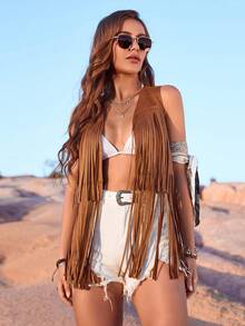 RELISH NOLESS 女士牛仔节日乡村音乐会假日外套，休闲性感波西米亚风轻薄麂皮流苏背心，夏季必备