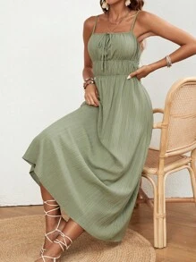 SHEIN VCAY 女士純色褶皺前面帶前綁結的肩帶連衣裙 - 綠色 - 查看 5