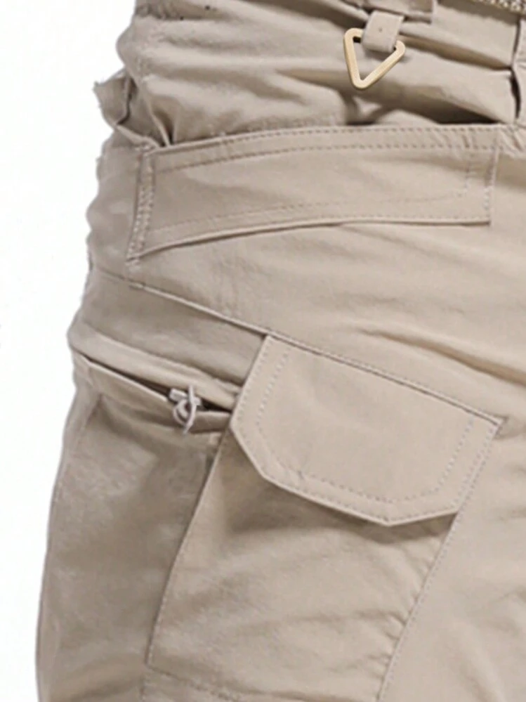 Pantalones cargo con bolsillo con cremallera y detalle de solapa para hombres (sin cinturón) para deportes de primavera - Caqui - Añade 4