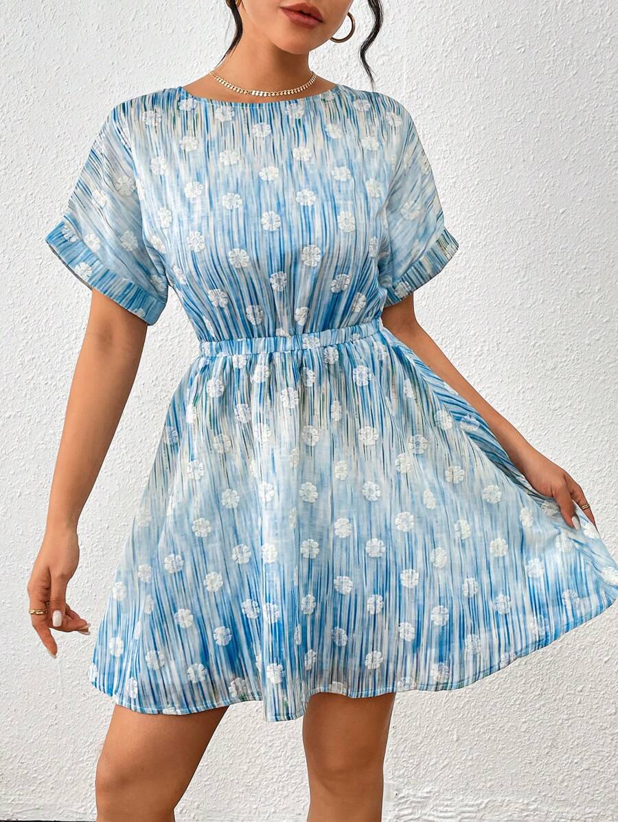 SHEIN Essnce Flower Embroidered Short Sleeve Belted Dress #Easter - Multicolor - View 1