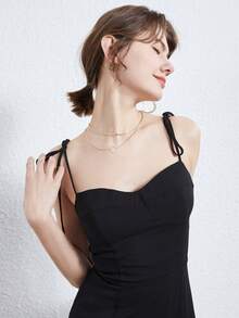 Elegant Solid Color Waist Cinched Split Front Spaghetti Strap Dress - Black - View 5