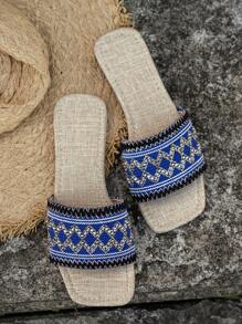 WRCVS 女款夏季平底藍色刺繡風格拖鞋,適合派對和海灘 - 寶藍色 - 查看 3