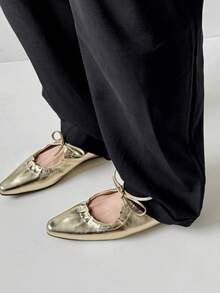 Women's Gold Tone Ribbon Flat Ballet Shoes - Gold - View 3