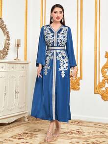 Women's Embroidered Patch Ribbon Patchwork Flare Sleeve Arabic Style Dress - Blue - View 3