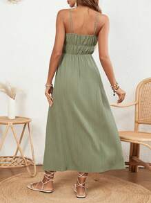 SHEIN VCAY 女士純色褶皺前面帶前綁結的肩帶連衣裙 - 綠色 - 查看 2