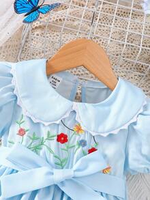 Robe à col Peter Pan à manches bouffantes courtes avec broderie florale pour bébé fille - Bleu azur - Voir 5