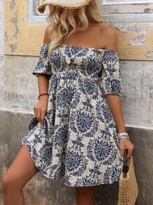 SHEIN Clasi Vintage Printed Off-Shoulder Dress - Blue - View 3