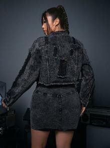 SHEIN ICON Kích thước lớn Vòng cổ Nút phía trước Áo khoác denim Với Flap túi Và Frayed Cạnh - màu đen - Xem 2