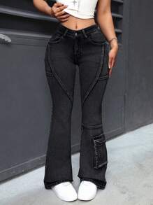 SHEIN ICON 女士修身喇叭牛仔褲 - 黑色 - 查看 2