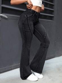 SHEIN ICON 女士修身喇叭牛仔褲 - 黑色 - 查看 3