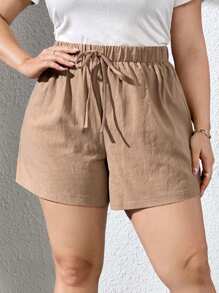 SHEIN Essnce Women's Plus Size Khaki Texture Shorts For Spring/Summer - Khaki - View 6
