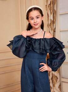 SHEIN Tween Girl Cute Off-Shoulder Long Sleeve Jumpsuit With Ruffle Trim - Blue - View 4