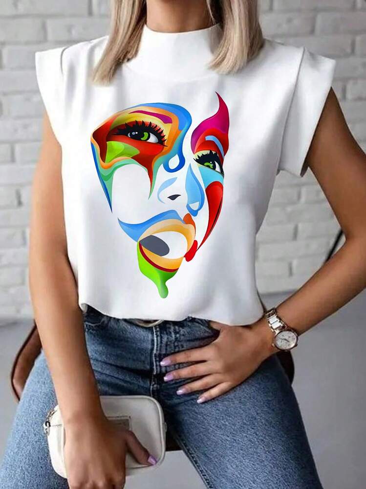 SHEIN LUNE Women's Abstract Faces Printed Summer Blouse With Stand