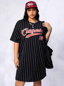 SHEIN EZwear Váy thun hở vai họa tiết sọc và chữ cho mùa hè - màu đen - Xem 1