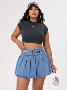 SHEIN ICON 大尺寸女士丹寧百褶裙 - 藍色 - 查看 4