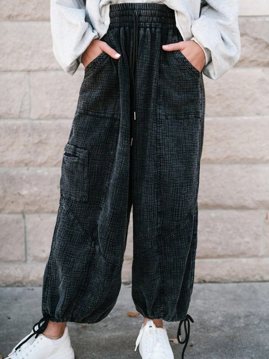 Mineral Wash Textured Drawstring Wide Leg Pants