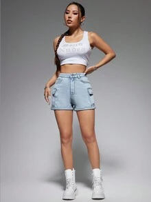 SHEIN EZwear 女士捲邊貨褲牛仔短褲 - 淺色水洗藍 - 查看 6