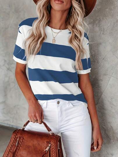 Camiseta casual de mujer de cuello redondo y manga corta con estampado de rayas, conjunto de verano para mujer, top casual de mujer, top de verano azul marino diario de mujer