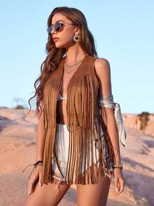 RELISH NOLESS 女士牛仔节日乡村音乐会假日外套，休闲性感波西米亚风轻薄麂皮流苏背心，夏季必备