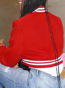 Chaqueta de béisbol corta con botones y bloques de color a rayas para mujer, para otoño - Rojo - Ver 3