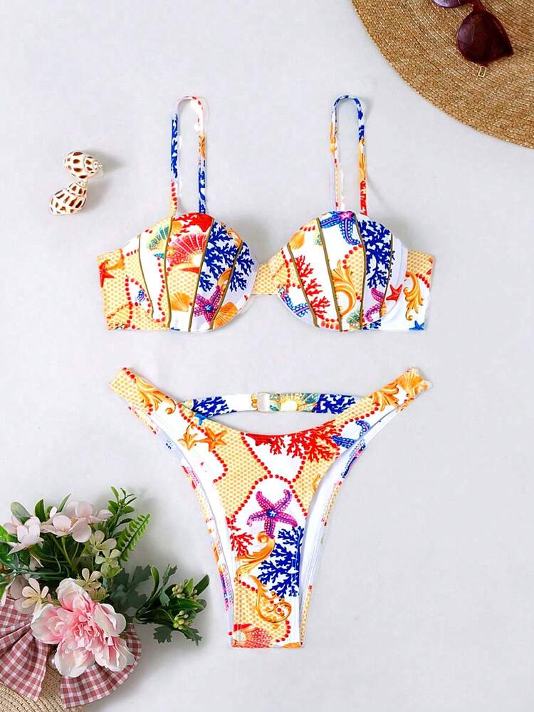 Summer Starfish Print Hollow Out Cami Bikini Set