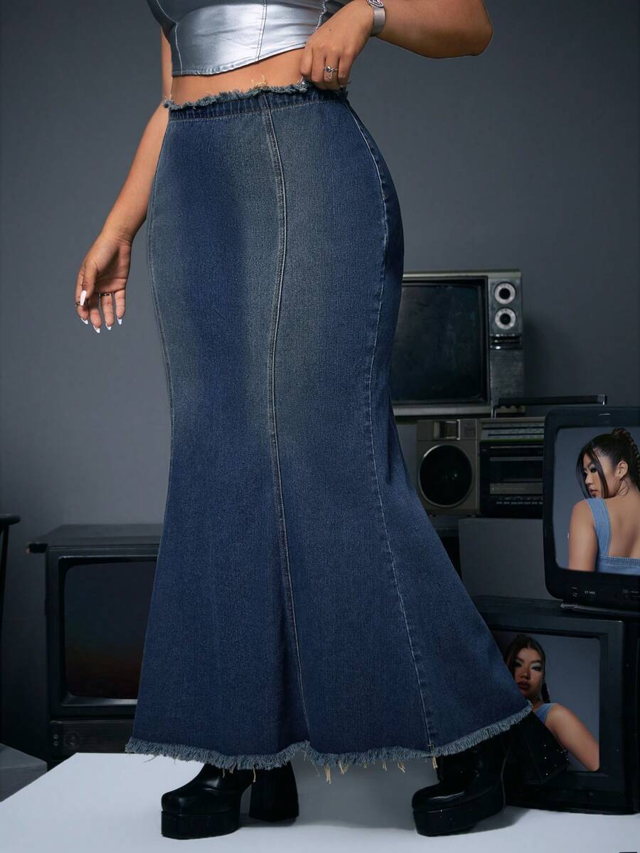 SHEIN ICON 大尺碼女性人魚裙擺丹寧中長裙 - 藍色 - 查看 1