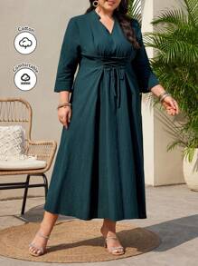 Mulvari Plus Size Notched Collar Tie Waist Dress With Front Slit