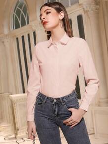 Mulvari Camisa de manga larga lisa de oficina para mujer - Rosa Pálido - Ver 7