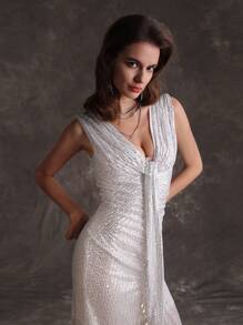 Anewsta Women's Sleeveless Glittery Slit Hem Dress - White - View 4