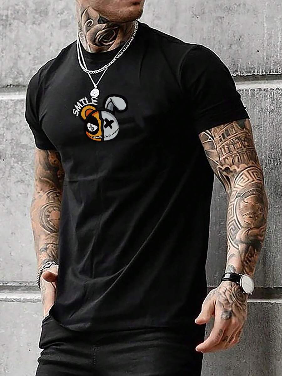 Manfinity Homme Camiseta Para Hombre Impresa Con Caricaturas Y Letras - Negro - Ver 1
