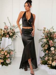 Hauture Lace Trim Satin Tie Halter Crop Top - Black - View 4