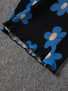 Flirla Plus Size Solid Color Halter Top & Flower Printed Wide Leg Pants 2pcs/Set