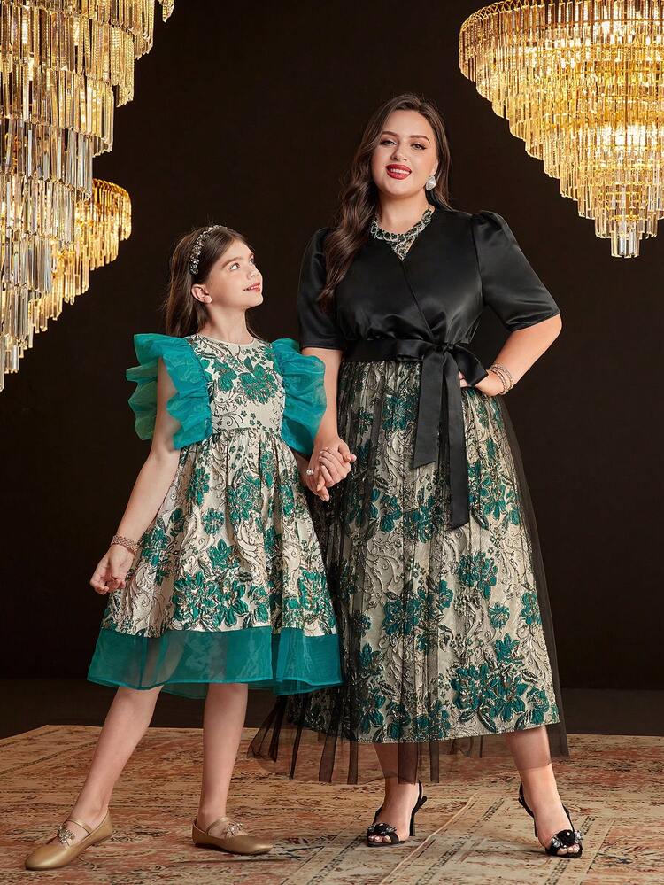 Tween Girls' Cute Fit-And-Flare Dress With Organza Patchwork, Jacquard Fabric And Ruffle Hem, Round Neck