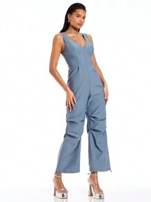 SHEIN BAE Spring/Summer High Waist Pleated Wide Leg Jumpsuit For Casual And Versatile Look - Grey - View 4
