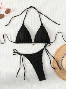 SHEIN Swim Summer Beach Women's Solid Color Halter Neck Two-Piece Bikini Set - Black - View 1