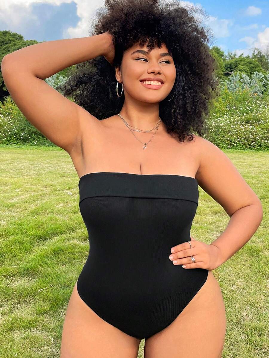 SHEIN EZwear Plus Size Black Knitted Strapless Bodysuit - Black - View 1