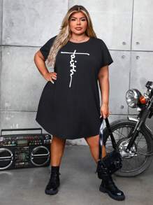 SHEIN CURVE+ 加肥圓領字母印花口袋裙 - 黑色 - 查看 5