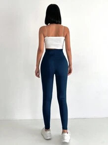 RueChic Leggings Da Donna Con Sovrapposizione In Vita E Colore Unito - Blu Navy - Visualizzare 2