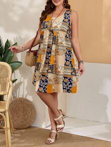 SHEIN CURVE+ 大尺碼女款無袖花卉印花洋裝 - 彩色 - 查看 2