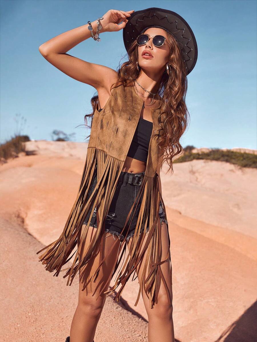 RELISH NOLESS Women's Denim Festival Country Music Concert Holiday Jacket, Casual Sexy Bohemian Style Lightweight Suede Fringe Vest For Summer Spring - Camel - View 1