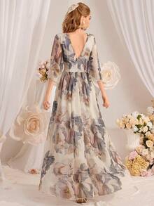 Women's Elegant Floral Print Ruched Waist Dress, Spring/Summer - Multicolor - View 2