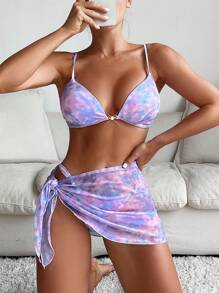 SHEIN Swim Summer Tie Dye V-Neck Bikini Set 3pcs/Set - Multicolor - View 1